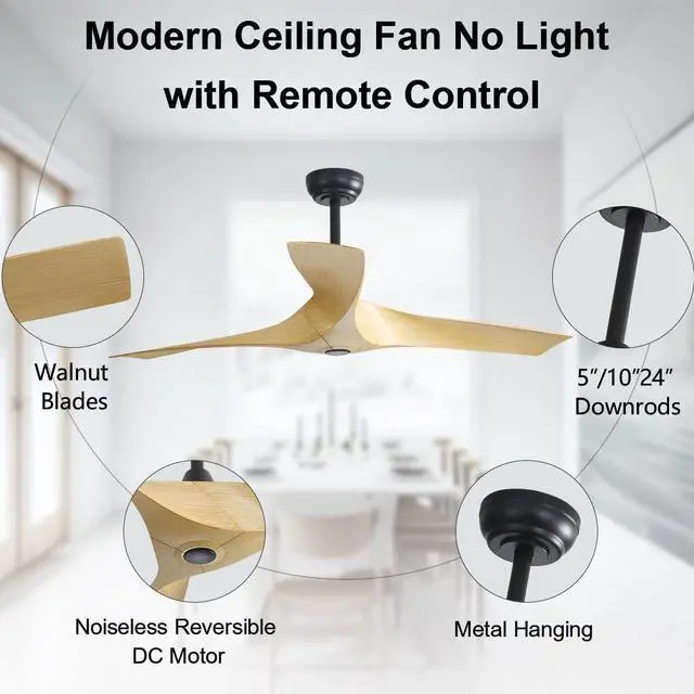 Alt view image 4 of 7 - Sofucor Large Airflow Ceiling Fan No Light 52 Inch Modern Ceiling Fan Quiet Reversible DC Farmhouse Ceiling Fan