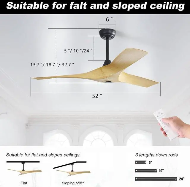 Alt view image 6 of 7 - Sofucor Large Airflow Ceiling Fan No Light 52 Inch Modern Ceiling Fan Quiet Reversible DC Farmhouse Ceiling Fan