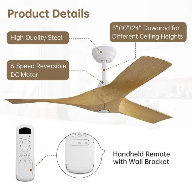 Alt view image 4 of 7 - Sofucor 52" ABS Ceiling Fan Adjustable Height 6-Speeds Remote Control Without Light for Indoor and Outdoor