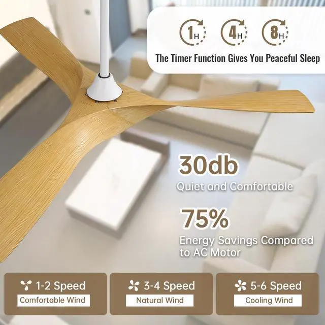 Alt view image 3 of 7 - Sofucor 52" ABS Ceiling Fan Adjustable Height 6-Speeds Remote Control Without Light for Indoor and Outdoor