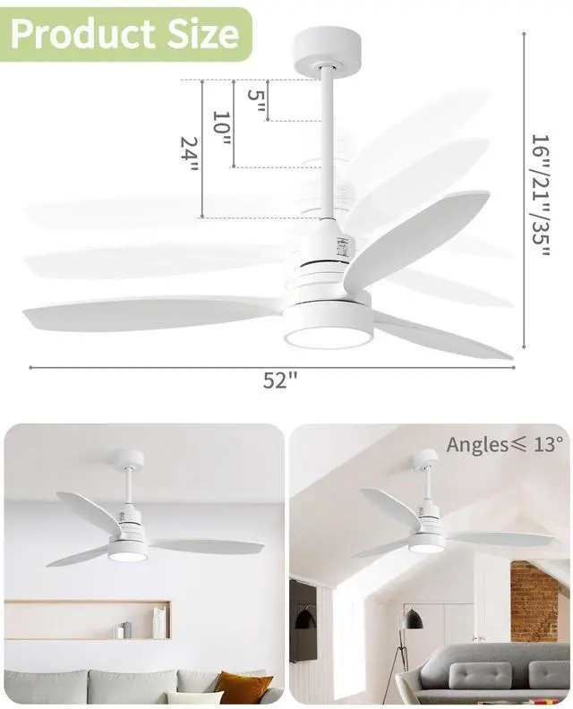 Alt view image 3 of 7 - Sofucor White Ceiling Fan with Lights 52 Inch Low Profile Mordern Wood Ceiling Fan with Remote for Indoor Farmhouse Bedroom Living Room Outdoor Patio Porch