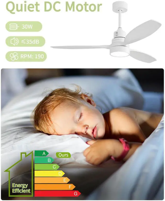 Alt view image 6 of 7 - Sofucor White Ceiling Fan with Lights 52 Inch Low Profile Mordern Wood Ceiling Fan with Remote for Indoor Farmhouse Bedroom Living Room Outdoor Patio Porch