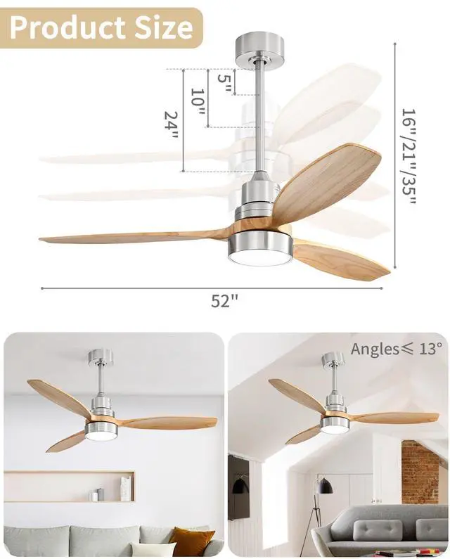 Alt view image 4 of 7 - Sofucor 52 Inch Wood Ceiling Fans with Lights Remote Control 6 Speed Quiet DC Motor Dimmable LED Light Indoor Living Room Bedroom Ceiling Fan
