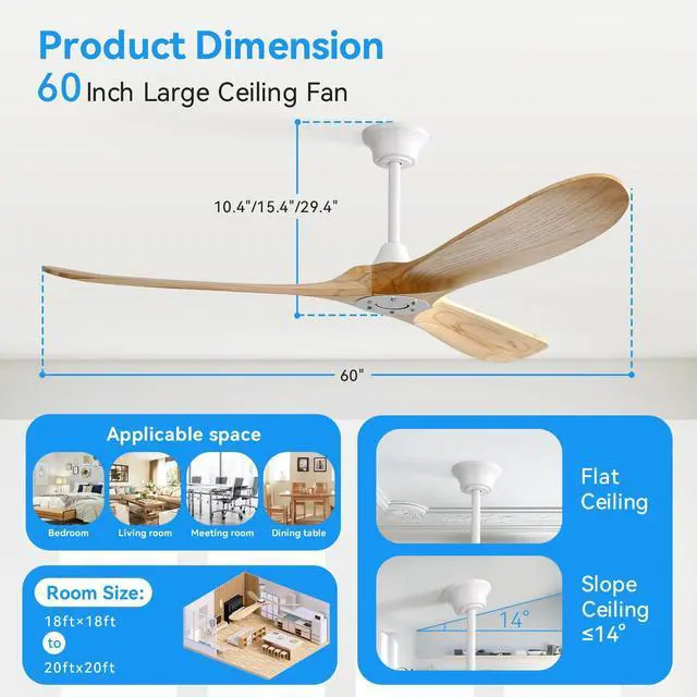 Alt view image 3 of 7 - Sofucor 60 Inch Ceiling Fan No Light With Remote Control 3 Wood Fan Blades Reversible DC Motor Modern Farmhouse Ceiling Fan Without Light Contemporary Living Room Patio