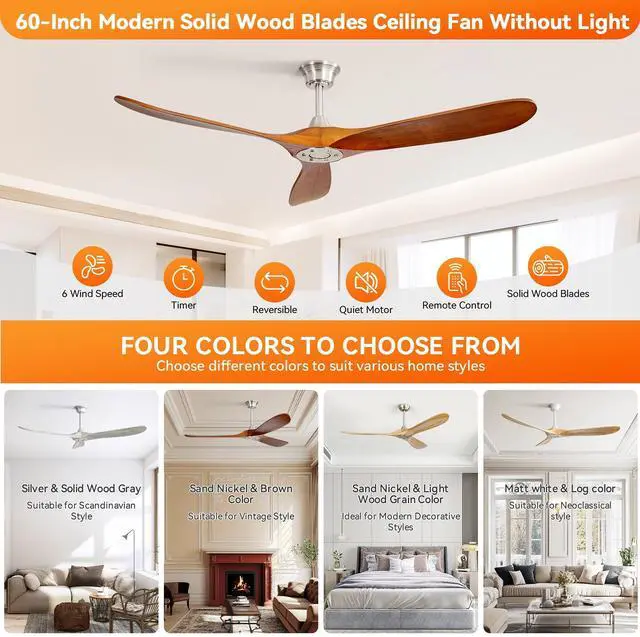 Alt view image 4 of 7 - Sofucor 60 Inch Ceiling Fan No Light With Remote Control 3 Wood Fan Blades Reversible DC Motor Modern Farmhouse Ceiling Fan Without Light Contemporary Living Room Patio
