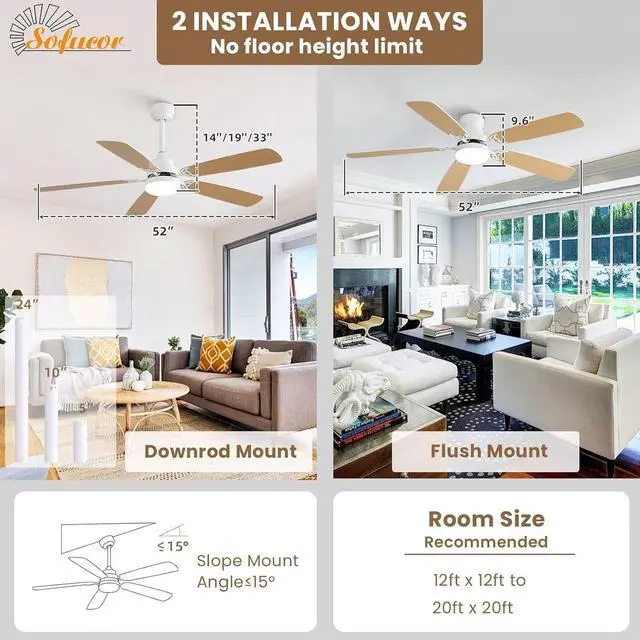 Alt view image 6 of 7 - Sofucor 52 Inch Flush Mount Ceiling Fans with Light and Remote Double Sides Blades Bedroom Farmhouse Ceiling Fan Downrod Opional