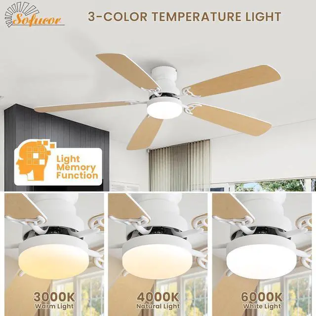 Alt view image 3 of 7 - Sofucor 52 Inch Flush Mount Ceiling Fans with Light and Remote Double Sides Blades Bedroom Farmhouse Ceiling Fan Downrod Opional