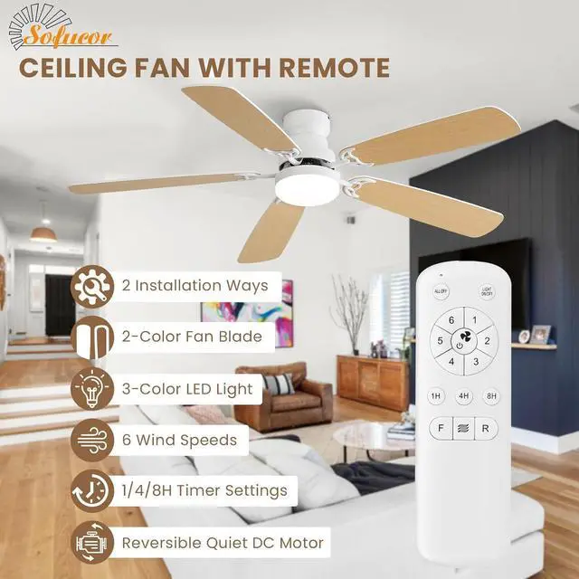 Alt view image 2 of 7 - Sofucor 52 Inch Flush Mount Ceiling Fans with Light and Remote Double Sides Blades Bedroom Farmhouse Ceiling Fan Downrod Opional