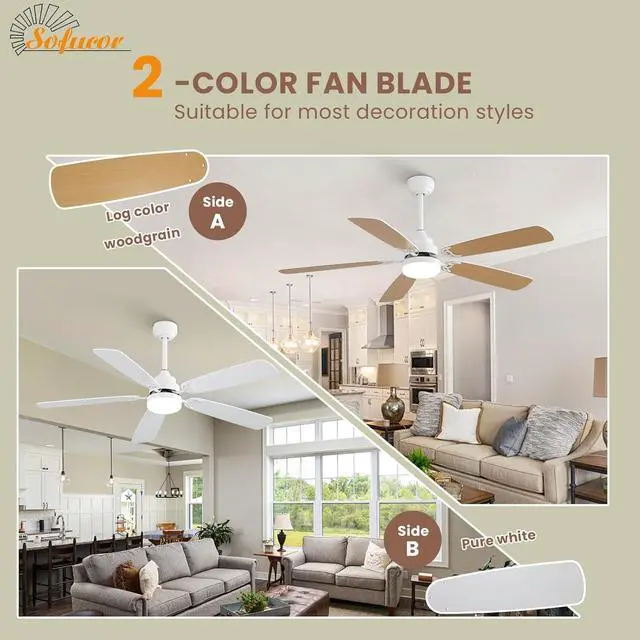 Alt view image 7 of 7 - Sofucor 52 Inch Flush Mount Ceiling Fans with Light and Remote Double Sides Blades Bedroom Farmhouse Ceiling Fan Downrod Opional