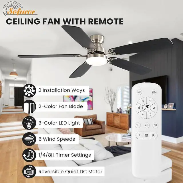Alt view image 2 of 7 - Sofucor 52 Inch Flush Mount Ceiling Fan With Light and Remote Quiet DC Motor Modern 3 Downrod Brushed Nickel Ceiling Fan for Bedroom Living Room Kitchen Patio Outdoor Indoor