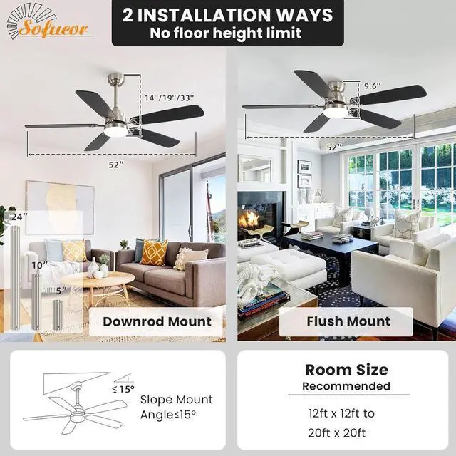 Alt view image 4 of 7 - Sofucor 52 Inch Flush Mount Ceiling Fan With Light and Remote Quiet DC Motor Modern 3 Downrod Brushed Nickel Ceiling Fan for Bedroom Living Room Kitchen Patio Outdoor Indoor