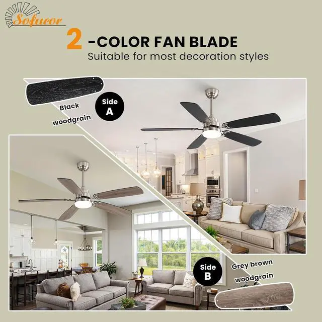 Alt view image 5 of 7 - Sofucor 52 Inch Flush Mount Ceiling Fan With Light and Remote Quiet DC Motor Modern 3 Downrod Brushed Nickel Ceiling Fan for Bedroom Living Room Kitchen Patio Outdoor Indoor