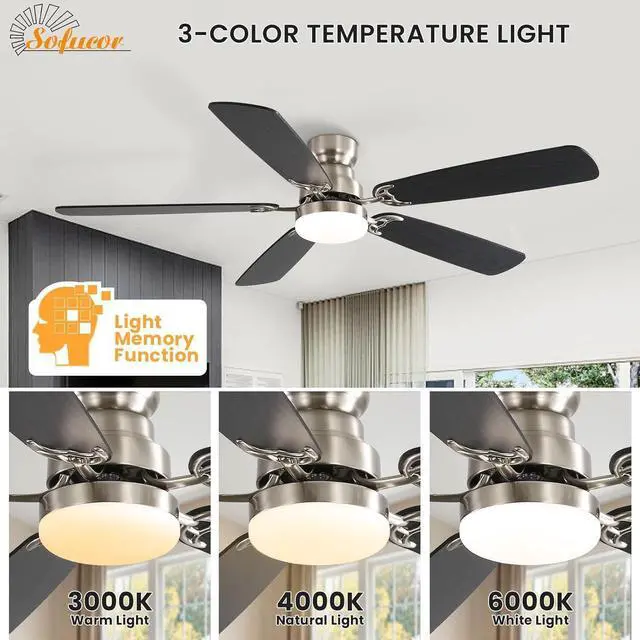 Alt view image 6 of 7 - Sofucor 52 Inch Flush Mount Ceiling Fan With Light and Remote Quiet DC Motor Modern 3 Downrod Brushed Nickel Ceiling Fan for Bedroom Living Room Kitchen Patio Outdoor Indoor