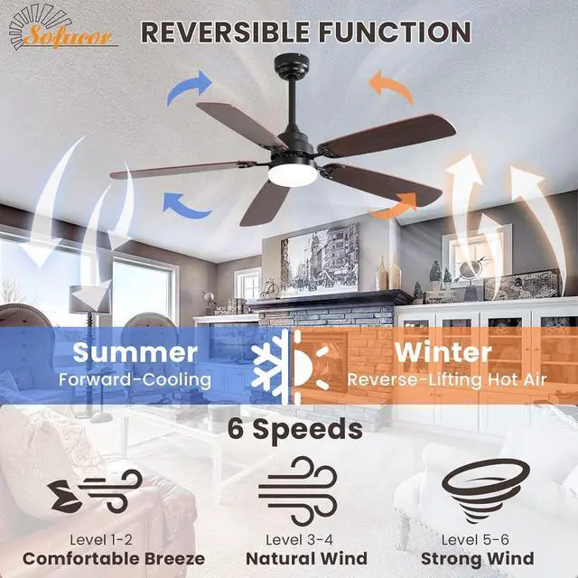 Alt view image 3 of 7 - Sofucor Large Contemporary Ceiling Fan with LED Light & Remote Indoor/Outdoor Ceiling Fan Quiet Reversible DC Motor 5 Dual-Finish Blades Ceiling Fan for Bedroom Living Room Indoor Outdoor
