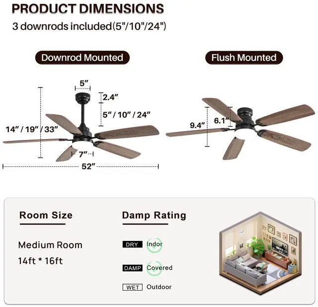 Alt view image 5 of 7 - Sofucor Large Contemporary Ceiling Fan with LED Light & Remote Indoor/Outdoor Ceiling Fan Quiet Reversible DC Motor 5 Dual-Finish Blades Ceiling Fan for Bedroom Living Room Indoor Outdoor
