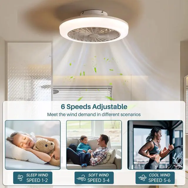 Alt view image 5 of 7 - Sofucor 18 Inch Bladeless Flush Mount Ceiling Fan with Lights and Remote Control Adjustable Wind Speed Dimmable LED Ceiling Fan for Bedroom