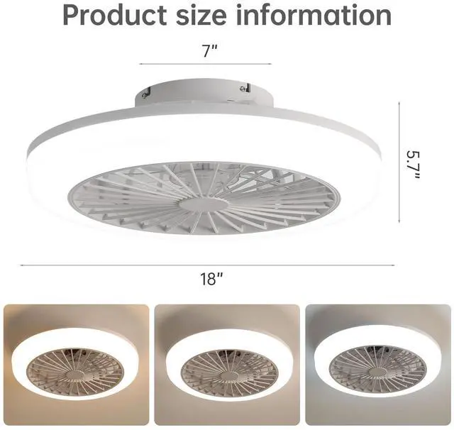 Alt view image 6 of 7 - Sofucor 18 Inch Bladeless Flush Mount Ceiling Fan with Lights and Remote Control Adjustable Wind Speed Dimmable LED Ceiling Fan for Bedroom