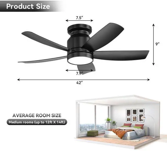 Alt view image 3 of 7 - Sofucor 42 Inch Black Low Profile Ceiling Fan with Lights and Remote Control Modern Flush Mount Ceiling Fan Light Kit 6 Speeds & Timing for Living Room Bedroom