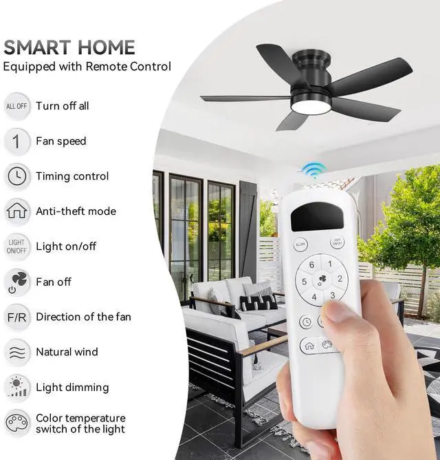Alt view image 6 of 7 - Sofucor 42 Inch Black Low Profile Ceiling Fan with Lights and Remote Control Modern Flush Mount Ceiling Fan Light Kit 6 Speeds & Timing for Living Room Bedroom