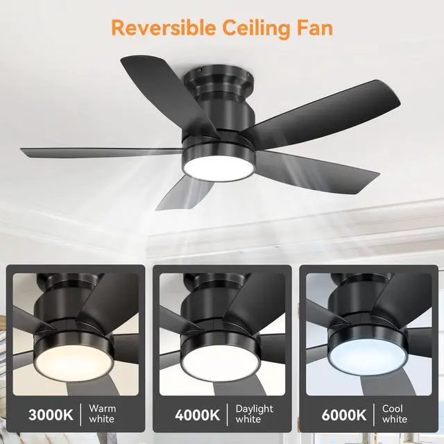 Alt view image 2 of 7 - Sofucor 42 Inch Black Low Profile Ceiling Fan with Lights and Remote Control Modern Flush Mount Ceiling Fan Light Kit 6 Speeds & Timing for Living Room Bedroom
