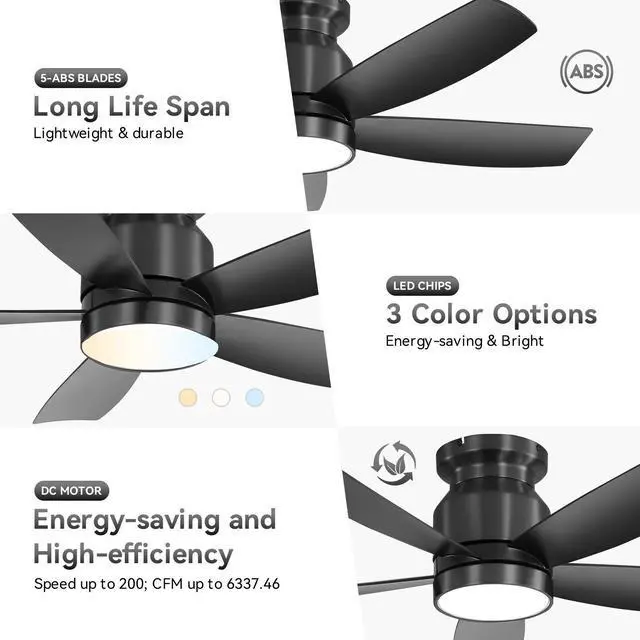 Alt view image 7 of 7 - Sofucor 42 Inch Black Low Profile Ceiling Fan with Lights and Remote Control Modern Flush Mount Ceiling Fan Light Kit 6 Speeds & Timing for Living Room Bedroom