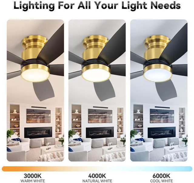 Alt view image 5 of 7 - Sofucor Gold Flush Mount Ceiling Fan with Lights & Remote Bedroom Modern Low Profile Ceiling Fan Indoor Outdoor