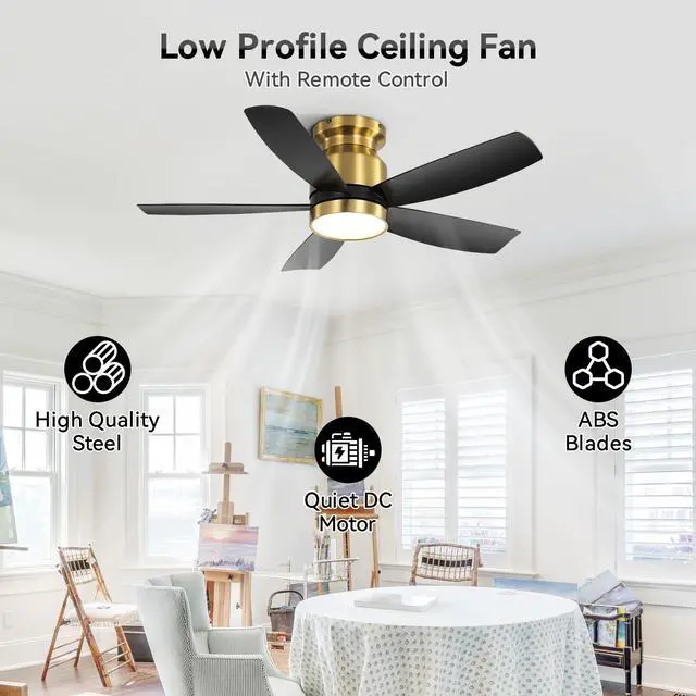 Alt view image 2 of 7 - Sofucor Gold Flush Mount Ceiling Fan with Lights & Remote Bedroom Modern Low Profile Ceiling Fan Indoor Outdoor