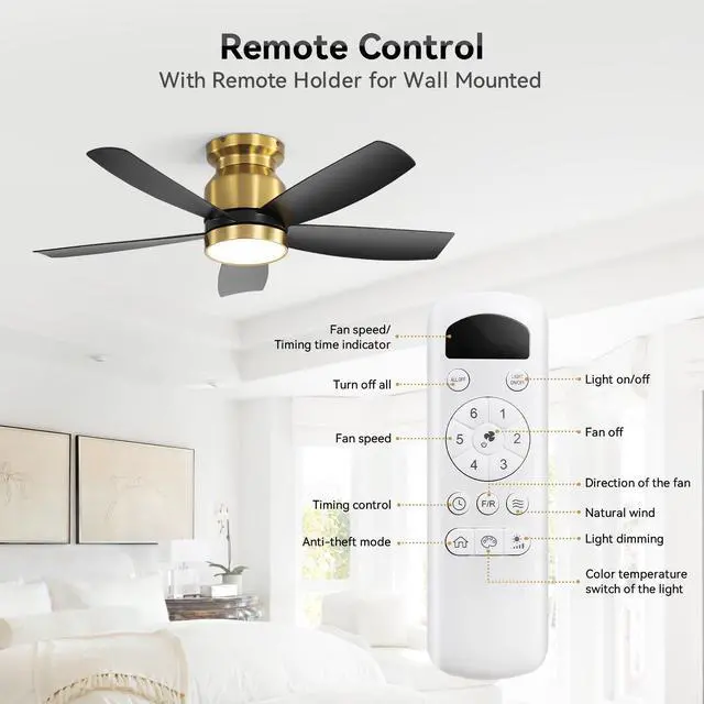 Alt view image 7 of 7 - Sofucor Gold Flush Mount Ceiling Fan with Lights & Remote Bedroom Modern Low Profile Ceiling Fan Indoor Outdoor