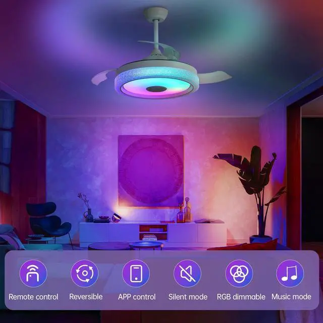 Alt view image 3 of 6 - Sofucor 42'' RGB LED Ceiling Fan Light Dimmable Adjustable Wind Speeds with Music Speaker and APP Control Retractable Ceiling Fan with Lights for Kids Room Bedroom
