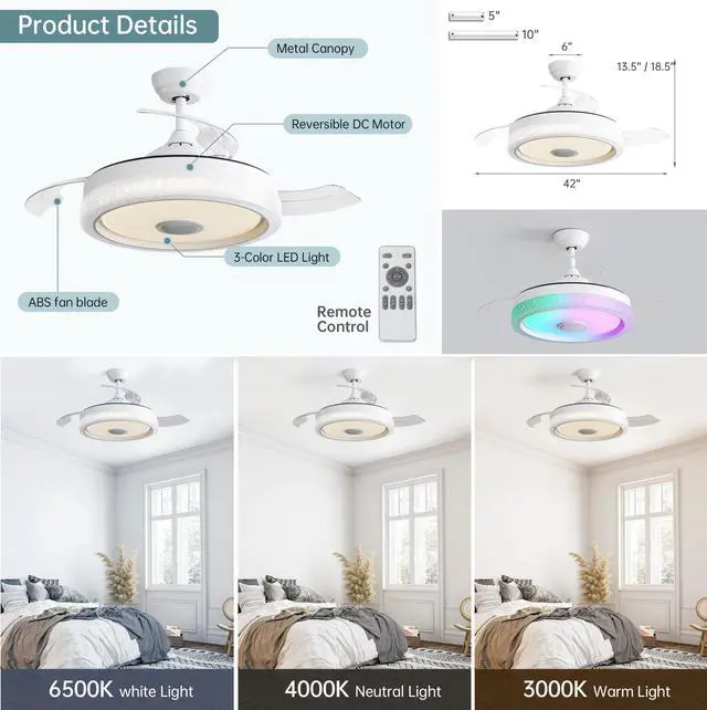 Alt view image 5 of 6 - Sofucor 42'' RGB LED Ceiling Fan Light Dimmable Adjustable Wind Speeds with Music Speaker and APP Control Retractable Ceiling Fan with Lights for Kids Room Bedroom