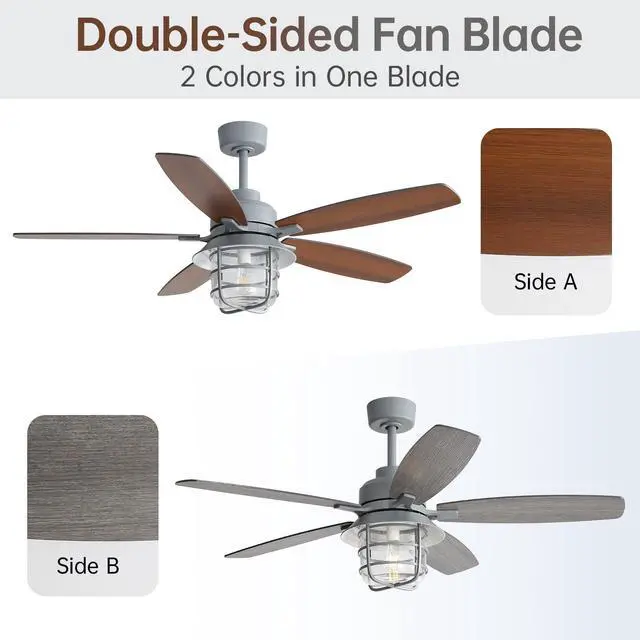 Alt view image 2 of 7 - Sofucor Luxury Vintage Indoor Ceiling Fan 52" Rustic Reversible Ceiling Fan with Lights Farmhouse Ceiling Fans Modern Caged Ceiling Fans with Reversible DC Motor Dual Finish 5 Blades