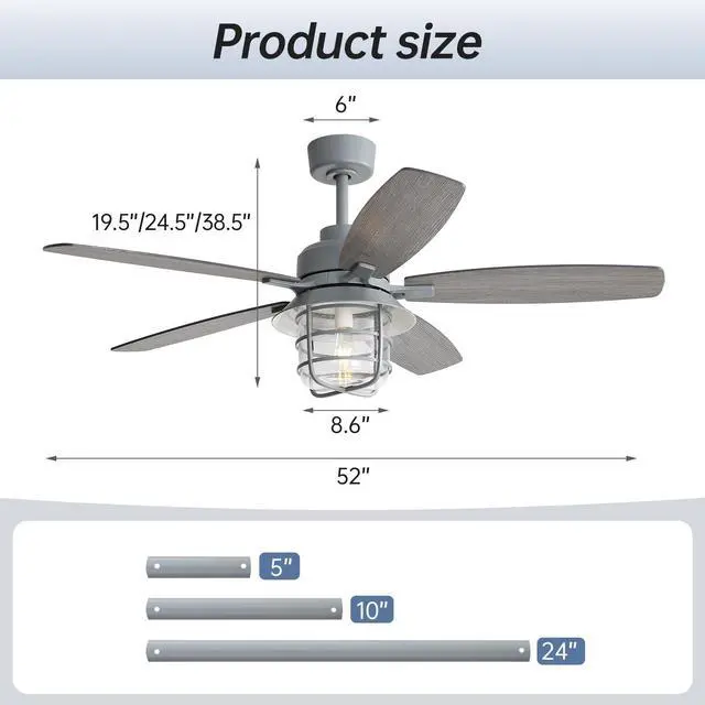 Alt view image 5 of 7 - Sofucor Luxury Vintage Indoor Ceiling Fan 52" Rustic Reversible Ceiling Fan with Lights Farmhouse Ceiling Fans Modern Caged Ceiling Fans with Reversible DC Motor Dual Finish 5 Blades