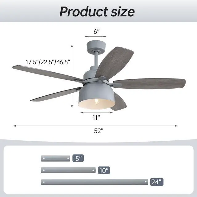 Alt view image 3 of 7 - Sofucor 52 Inch Industrial Style Ceiling Fan with Light and Remote Control E26 5 Dual Finish Blades Reversible DC Motor Farmhouse Ceiling Fan