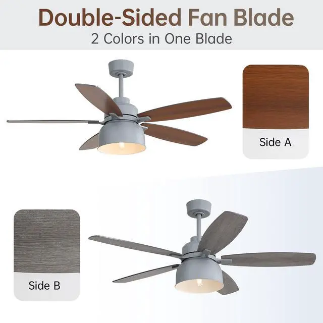 Alt view image 2 of 7 - Sofucor 52 Inch Industrial Style Ceiling Fan with Light and Remote Control E26 5 Dual Finish Blades Reversible DC Motor Farmhouse Ceiling Fan