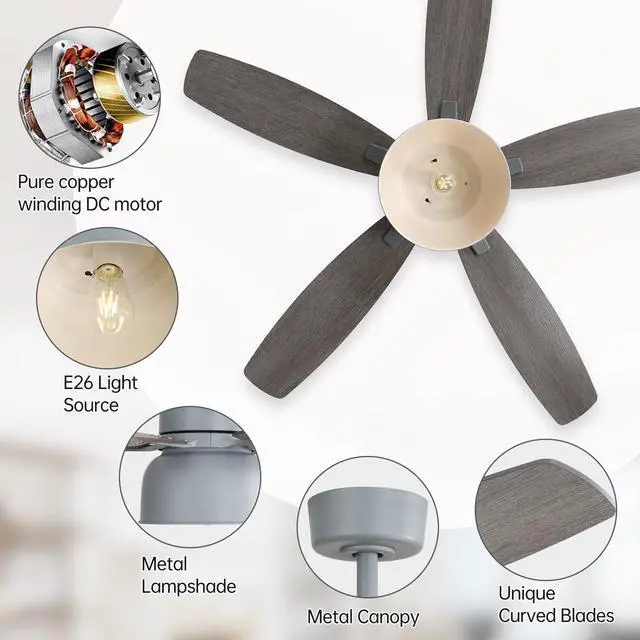 Alt view image 7 of 7 - Sofucor 52 Inch Industrial Style Ceiling Fan with Light and Remote Control E26 5 Dual Finish Blades Reversible DC Motor Farmhouse Ceiling Fan