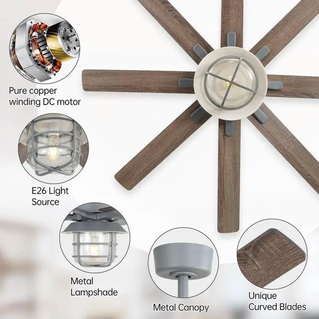 Alt view image 6 of 7 - Sofucor 52 Inch Farmhouse Ceiling Fans with Lights and Remote 6-Speed 3-Timer Outdoor Ceiling Fan with Light Noiseless Reversible DC Motor for Living Room Kitchen Patio
