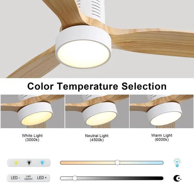 Alt view image 3 of 7 - Sofucor Modern Flush Mount Ceiling Fan 52'' Low Profile Ceiling Fan with Lights and Remote 3 Wood Blades Dimmable LED Reversible DC for Kitchen Bedroom