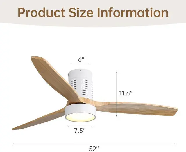 Alt view image 4 of 7 - Sofucor Modern Flush Mount Ceiling Fan 52'' Low Profile Ceiling Fan with Lights and Remote 3 Wood Blades Dimmable LED Reversible DC for Kitchen Bedroom