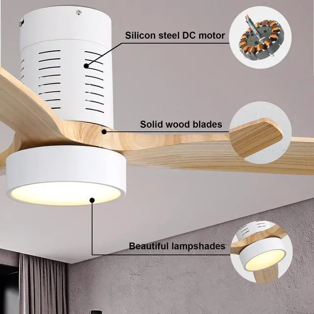 Alt view image 5 of 7 - Sofucor Modern Flush Mount Ceiling Fan 52'' Low Profile Ceiling Fan with Lights and Remote 3 Wood Blades Dimmable LED Reversible DC for Kitchen Bedroom