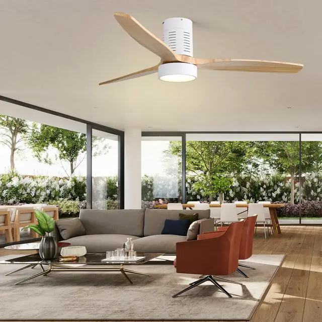 Alt view image 7 of 7 - Sofucor Modern Flush Mount Ceiling Fan 52'' Low Profile Ceiling Fan with Lights and Remote 3 Wood Blades Dimmable LED Reversible DC for Kitchen Bedroom
