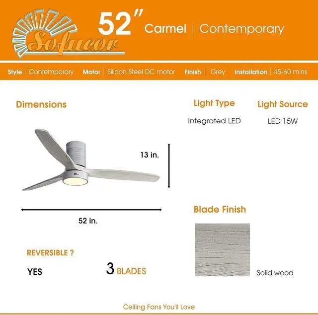 Alt view image 4 of 7 - Sofucor Flush Mount Ceiling Fan with Lights and Remote Reversible DC Motor Ceiling Fans