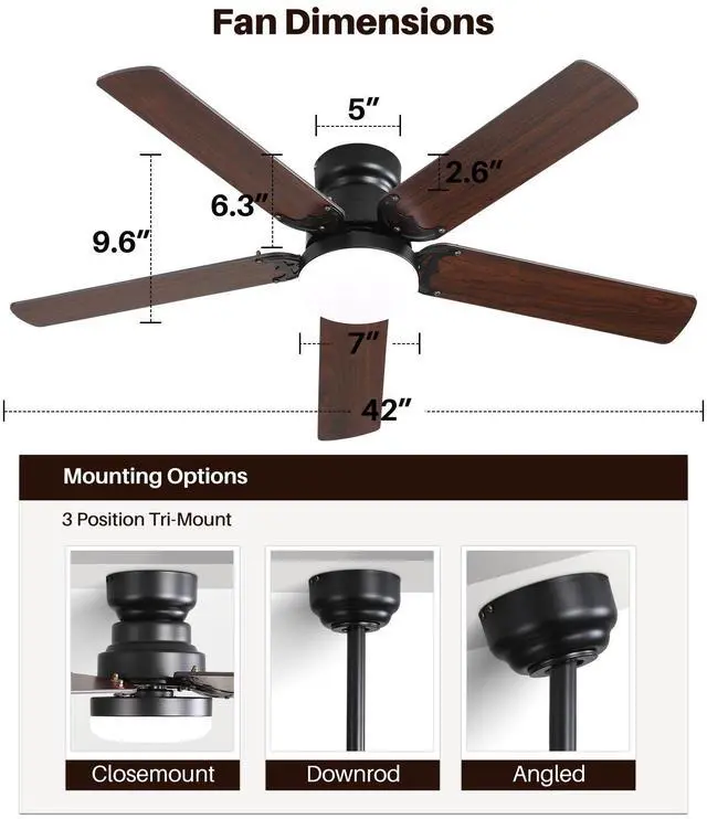 Alt view image 4 of 7 - Sofucor 42 Inch Flush Mount & Down Rod Ceiling Fans Light Kit Modern 3 Blade Wood Ceiling Fan