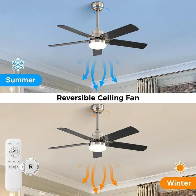 Alt view image 2 of 7 - Sofucor 42 Inch Modern Nickel Ceiling Fan with Light and Remote Control 6 Adjustable Wind Speed Flush Mount Ceiling Fan Downrod Optional, Dimmable LED Light Dual Finish Blades Ceiling Fan for Bedroom