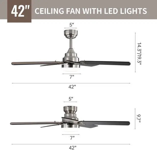 Alt view image 7 of 7 - Sofucor 42 Inch Modern Nickel Ceiling Fan with Light and Remote Control 6 Adjustable Wind Speed Flush Mount Ceiling Fan Downrod Optional, Dimmable LED Light Dual Finish Blades Ceiling Fan for Bedroom
