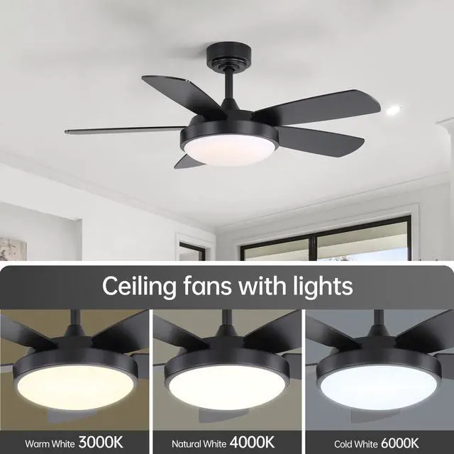 Alt view image 2 of 7 - Sofucor 42 inch Ceiling fan with Light and Remote 3CCT Reversible 6 Speeds Quiet Modern Ceiling Fan with Light for Indoor Outdoor Bedroom Patio Living Room