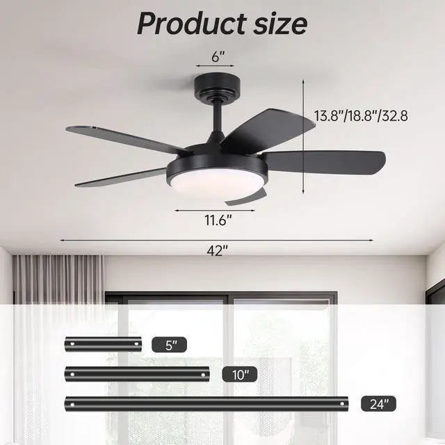 Alt view image 5 of 7 - Sofucor 42 inch Ceiling fan with Light and Remote 3CCT Reversible 6 Speeds Quiet Modern Ceiling Fan with Light for Indoor Outdoor Bedroom Patio Living Room