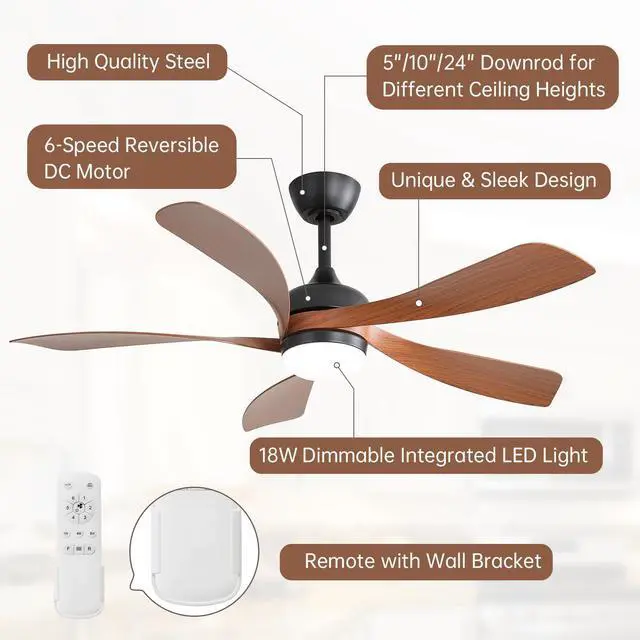 Alt view image 4 of 7 - Sofucor 52 Inch Remote Controlled Ceiling Fan & Light 5 Reversible ABS Blades & Motor, Dimmable LED Lights