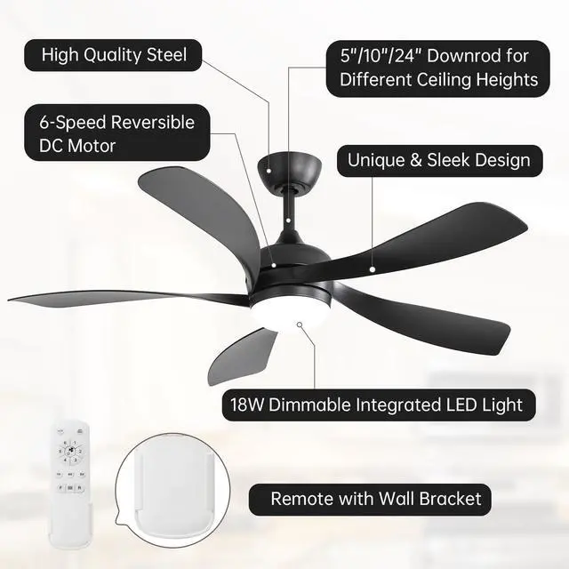 Alt view image 7 of 7 - Sofucor 52 Inch Ceiling Fans with Lights and Remote 6-Speed 3 CCT 3-Timer Low Profile High CFM Ceiling Fan Noiseless for Living Room Bedroom Patio