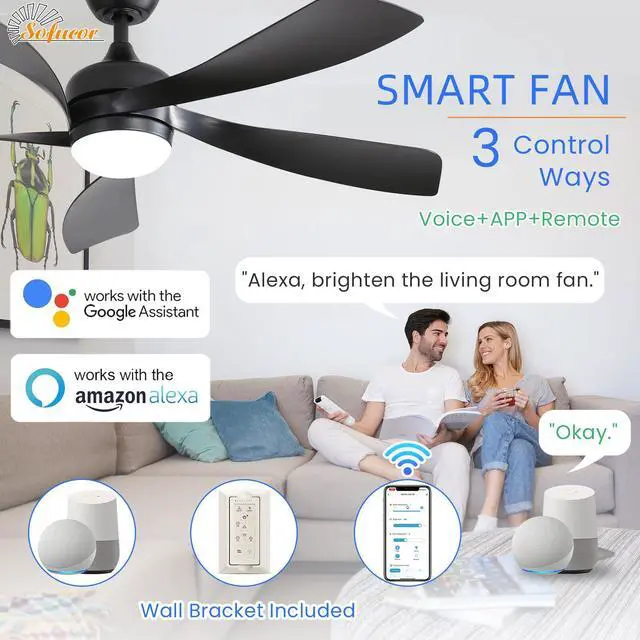 Alt view image 3 of 7 - Sofucor 52 Inch Smart Ceiling Fan with Lights and Remote Work with Alexa/Google/App