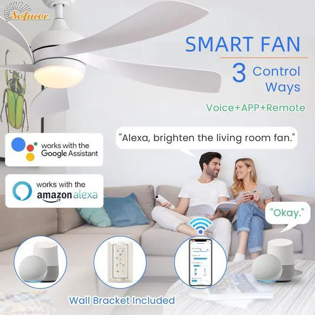 Alt view image 2 of 7 - Sofucor 52 Inch Smart Ceiling Fan With Lights and Remote High CFM Reversible DC Bedroom Ceiling Fan 6 Wind Speeds Dimmable LED 5 Carved ABS Blades